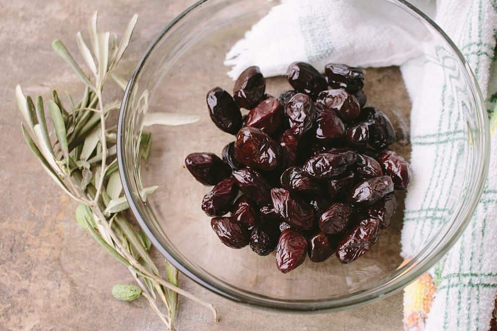 pickled olives in glass bowl